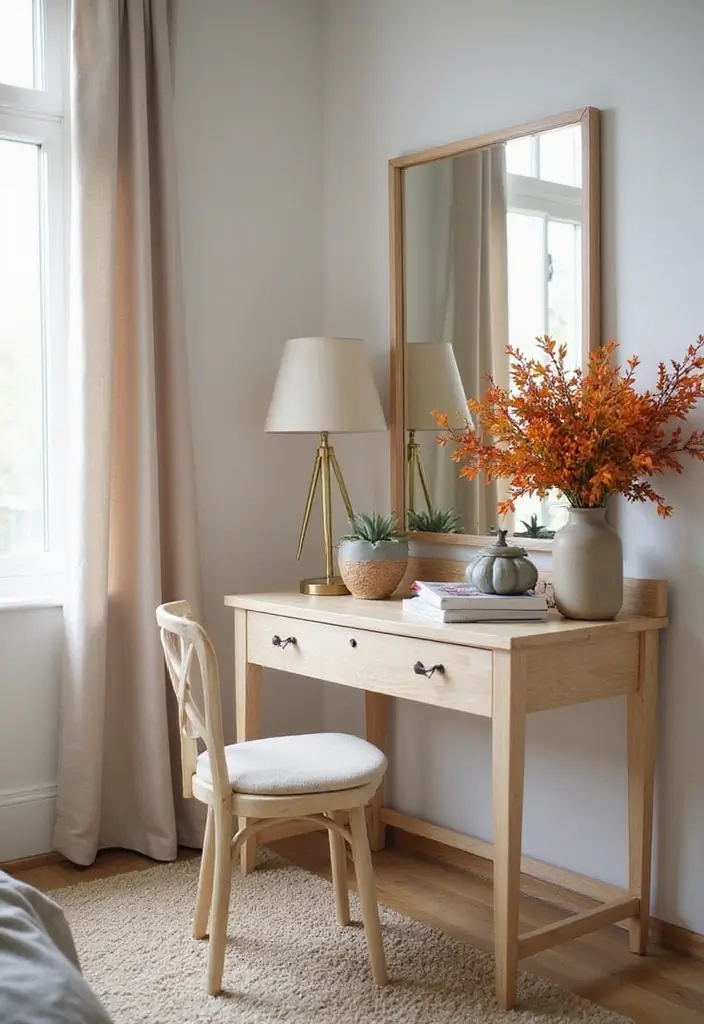 28 Vanity Ideas Bedroom Modern Luxury That Feel High-End & Sleek - 27. Seasonal Decor Accents