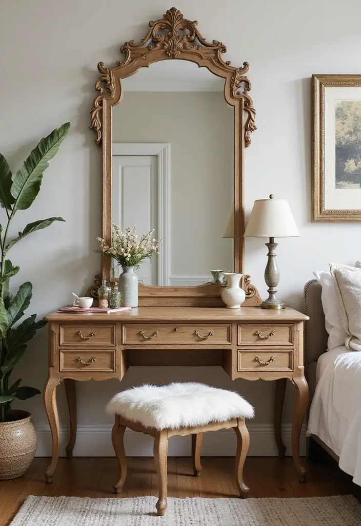 28 Vanity Ideas Bedroom Modern Luxury That Feel High-End & Sleek - 3. Vintage Glam with Modern Touches