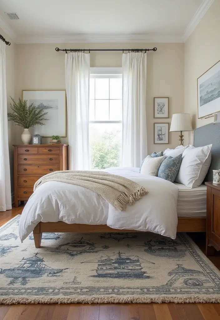 29 Modern Coastal Bedroom Ideas That Bring Beach Vibes Home - 18. Nautical Rugs