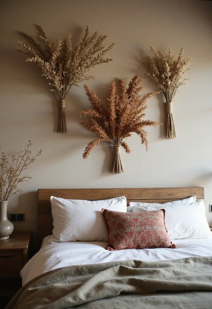 30 Bedroom Headboard Wall Ideas That Make a Bold Statement - 27. Dried Flower Arrangements