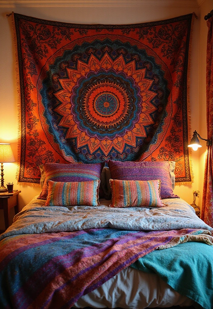 30 Bedroom Headboard Wall Ideas That Make a Bold Statement - 4. Colorful Tapestry Displays