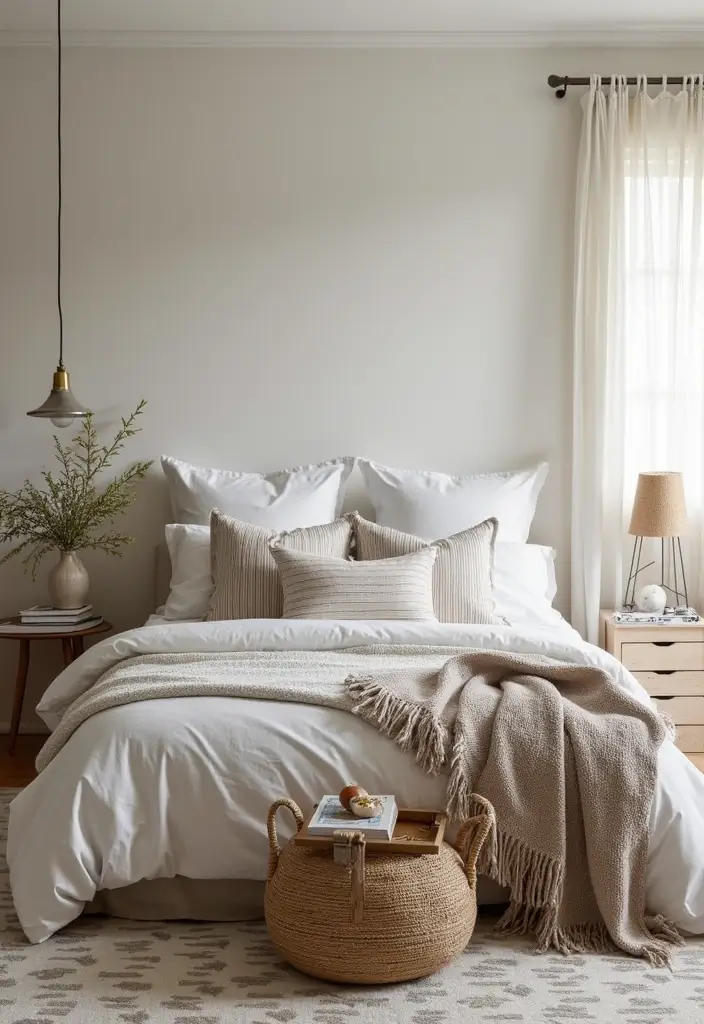 30 Beige Aesthetic Bedroom Ideas That Feel Calm & Minimalist - 18. Subtle Patterns in Textiles