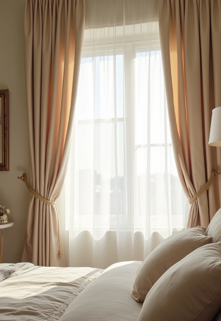 30 Beige Aesthetic Bedroom Ideas That Feel Calm & Minimalist - 20. Beige Curtains for Softness