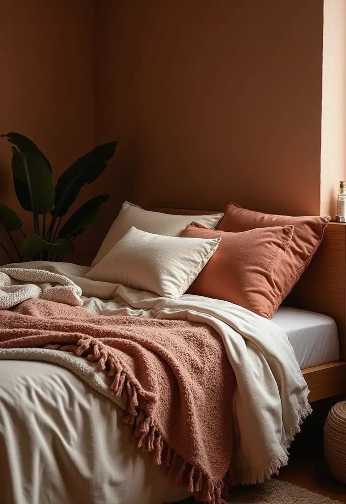 30 Brown Wall Bedroom Ideas That Bring Earthy Elegance - 19. Layered Textiles for Warmth