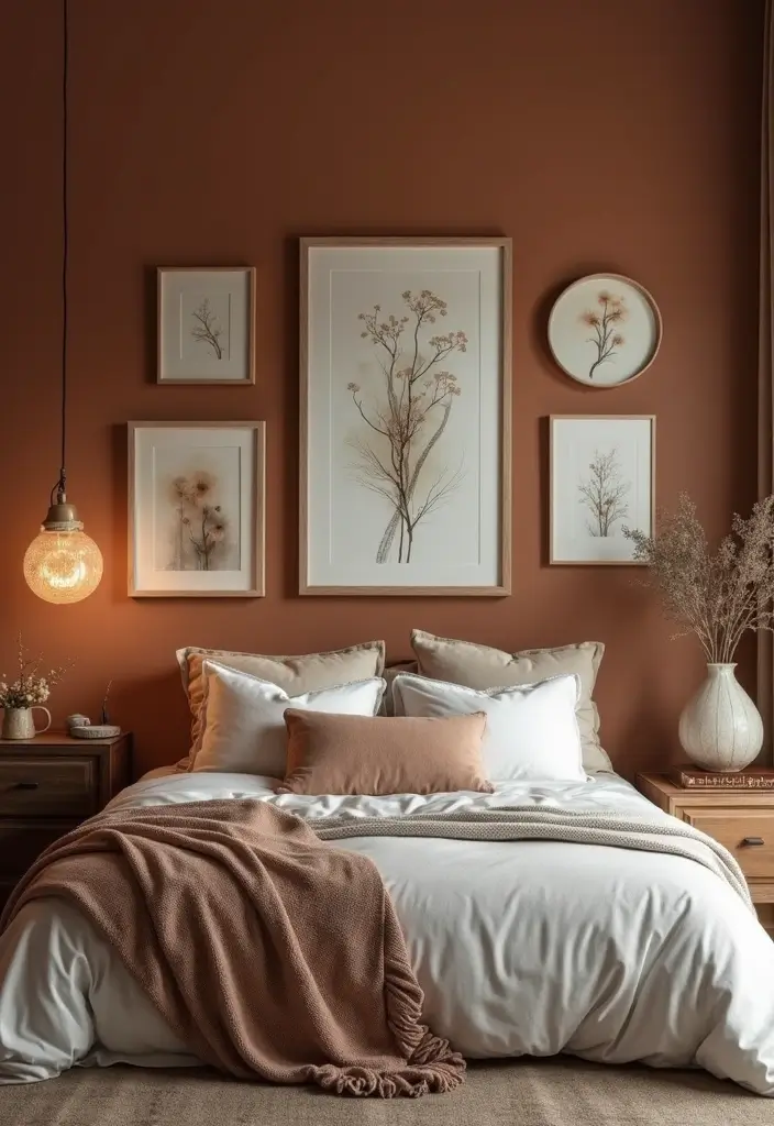 30 Brown Wall Bedroom Ideas That Bring Earthy Elegance - 24. Artistic Touches