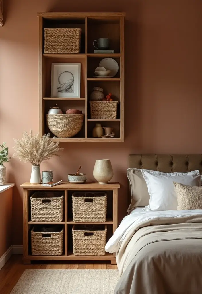 30 Brown Wall Bedroom Ideas That Bring Earthy Elegance - 30. Creative Storage Solutions