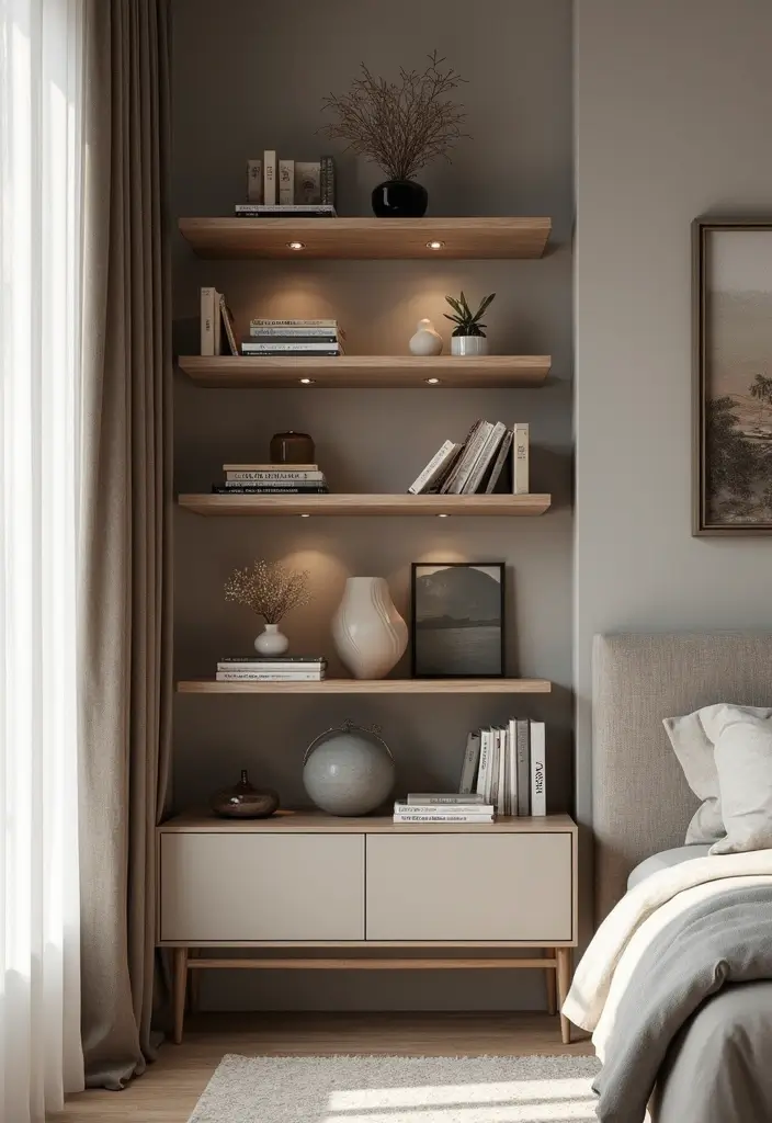 30 Corner of Bedroom Ideas That Turn Dead Space Into Magic - 11. Elegant Display Shelf