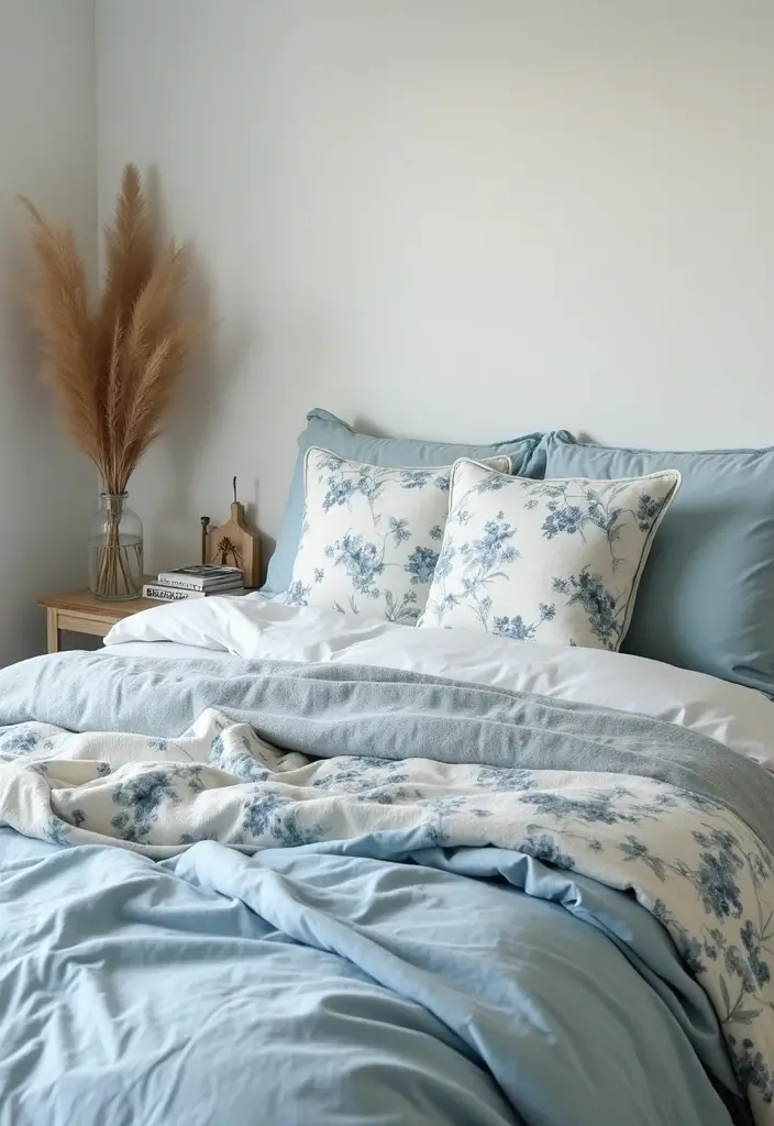 30 Dusty Blue Bedroom Ideas That Feel Calm & Sophisticated - 10. Dusty Blue Floral Patterns