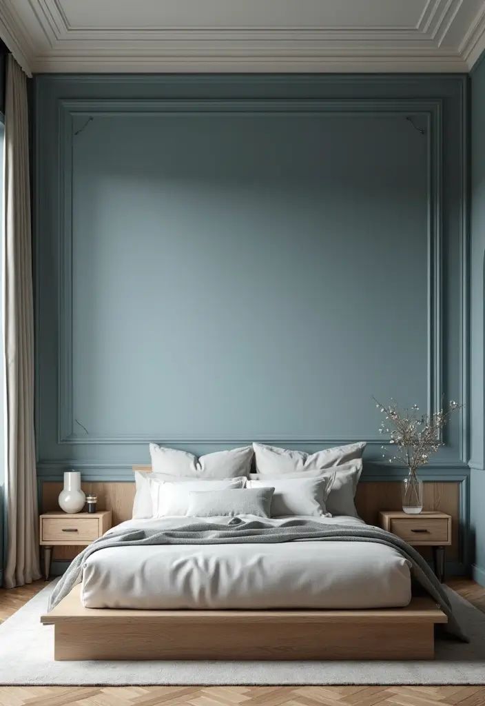 30 Dusty Blue Bedroom Ideas That Feel Calm & Sophisticated - 18. Dusty Blue Accent Walls with Wood Trim