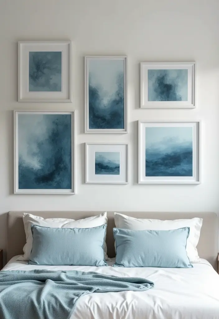 30 Dusty Blue Bedroom Ideas That Feel Calm & Sophisticated - 20. Artwork with Dusty Blue Hues