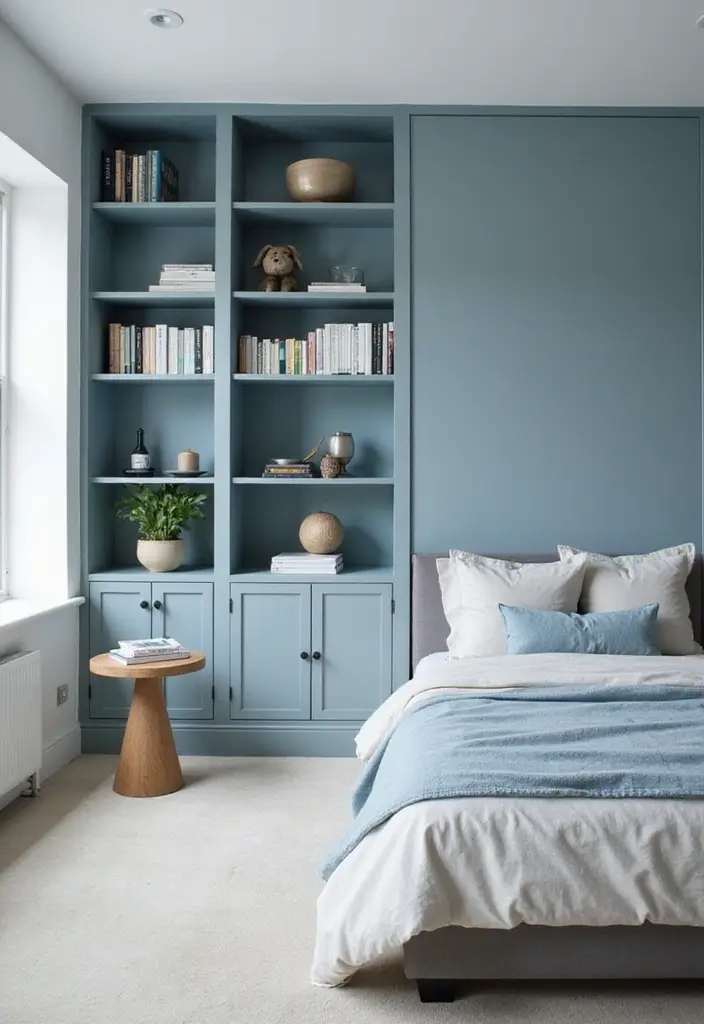 30 Dusty Blue Bedroom Ideas That Feel Calm & Sophisticated - 21. Minimalist Shelving