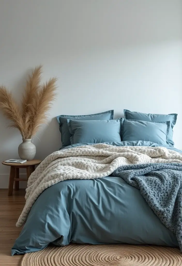 30 Dusty Blue Bedroom Ideas That Feel Calm & Sophisticated - 7. Layering Textures