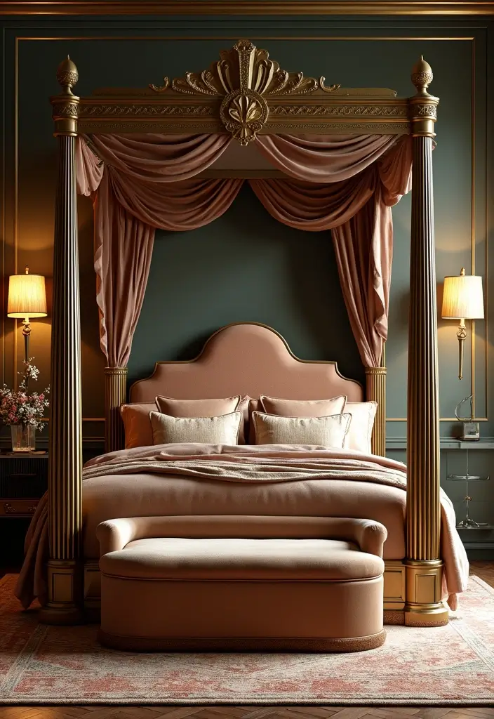 30 Four Poster Bedroom Ideas That Feel Regal & Dreamy - 13. Art Deco Glamour