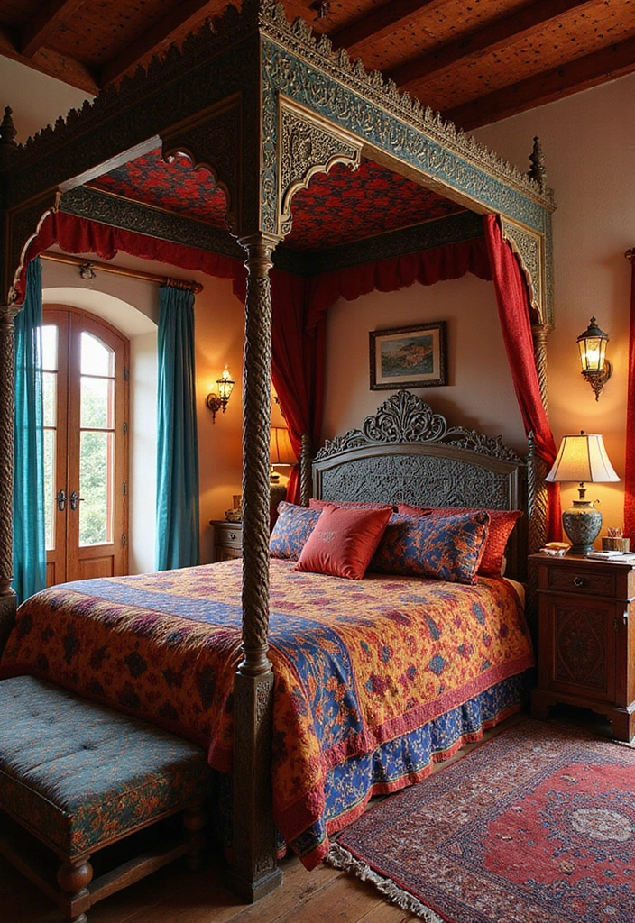 30 Four Poster Bedroom Ideas That Feel Regal & Dreamy - 21. Colorful Moroccan Influence