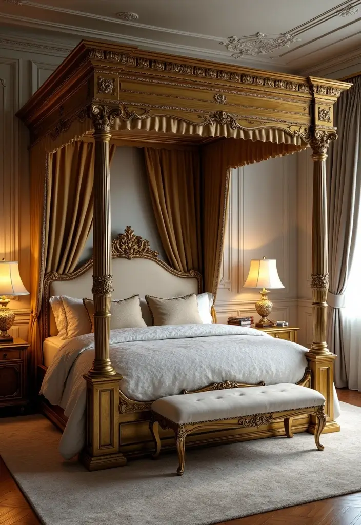 30 Four Poster Bedroom Ideas That Feel Regal & Dreamy - 23. Opulence with Gold Accents