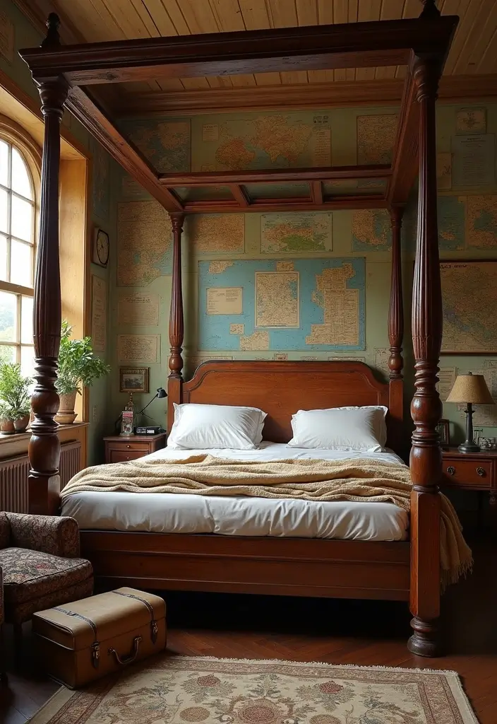 30 Four Poster Bedroom Ideas That Feel Regal & Dreamy - 24. Vintage Travel Theme