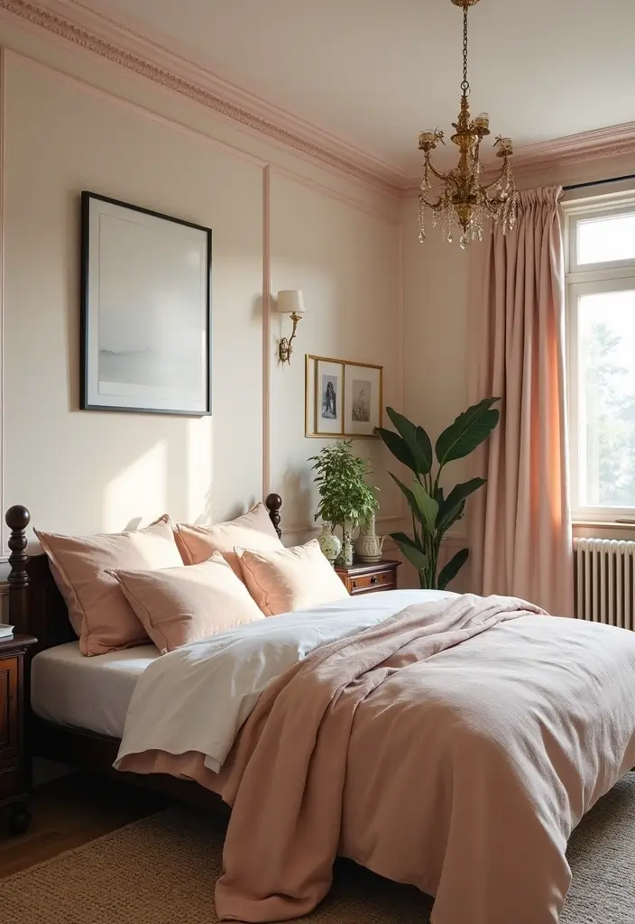 30 Modern Victorian Bedroom Ideas That Blend Old and New Perfectly - 13. Soft Pastels with Dark Accents