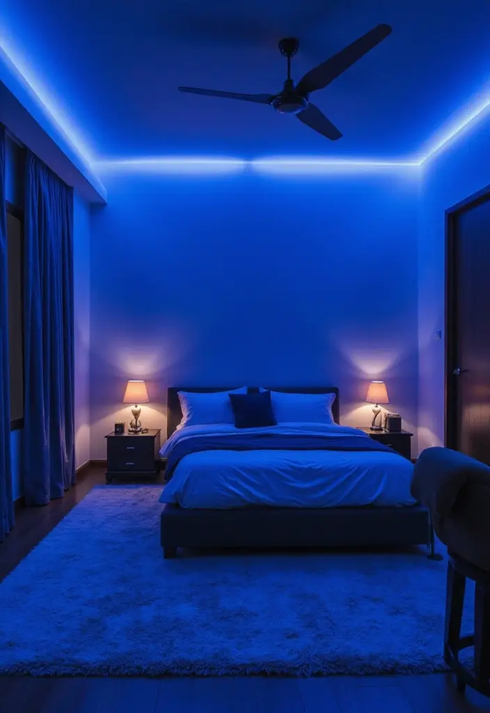 30 Royal Blue Room Ideas Bedroom That Feel Elegant & Relaxing - 10. Royal Blue Lighting