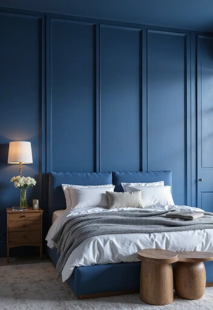 30 Royal Blue Room Ideas Bedroom That Feel Elegant & Relaxing - 21. Royal Blue with Textured Wall Panels