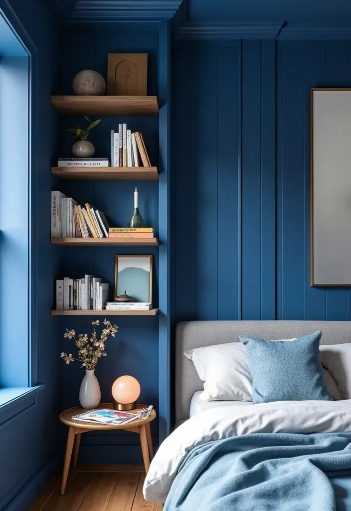 30 Royal Blue Room Ideas Bedroom That Feel Elegant & Relaxing - 23. Royal Blue Wall Shelves