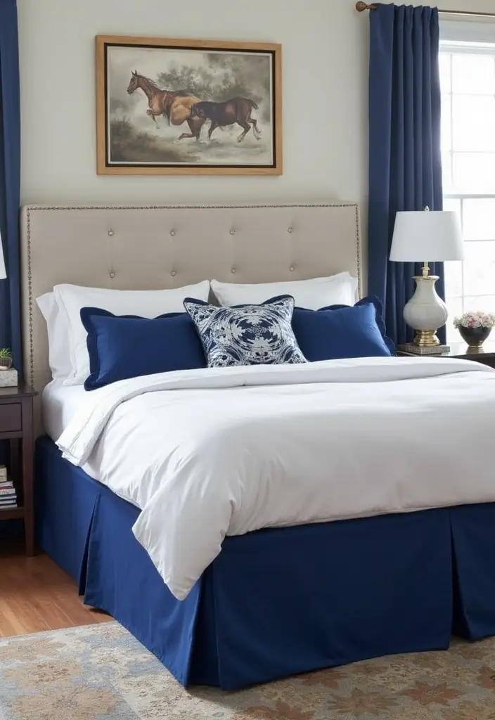 30 Royal Blue Room Ideas Bedroom That Feel Elegant & Relaxing - 24. Royal Blue Bedskirt