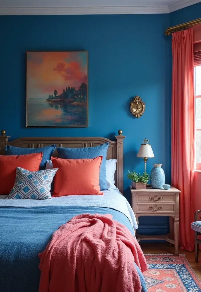 30 Royal Blue Room Ideas Bedroom That Feel Elegant & Relaxing - 28. Royal Blue and Coral Accents