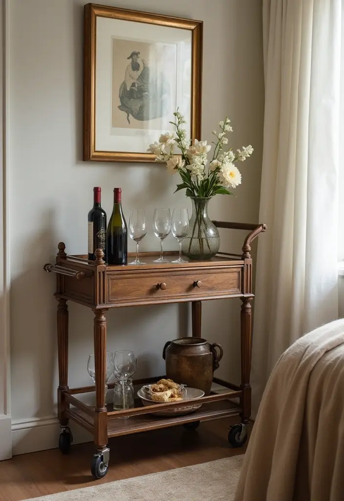 30 Utility Cart Ideas Bedroom That Keep Things Tidy & Mobile - 10. Elegant Wine Cart for the Bedroom