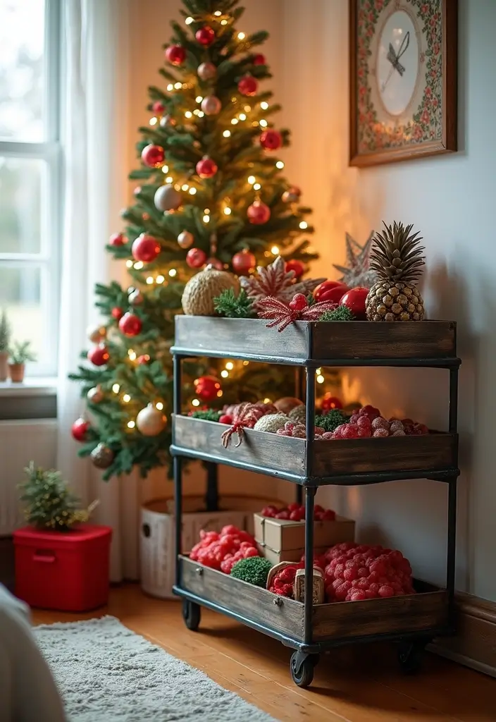 30 Utility Cart Ideas Bedroom That Keep Things Tidy & Mobile - 13. Seasonal Decor Storage