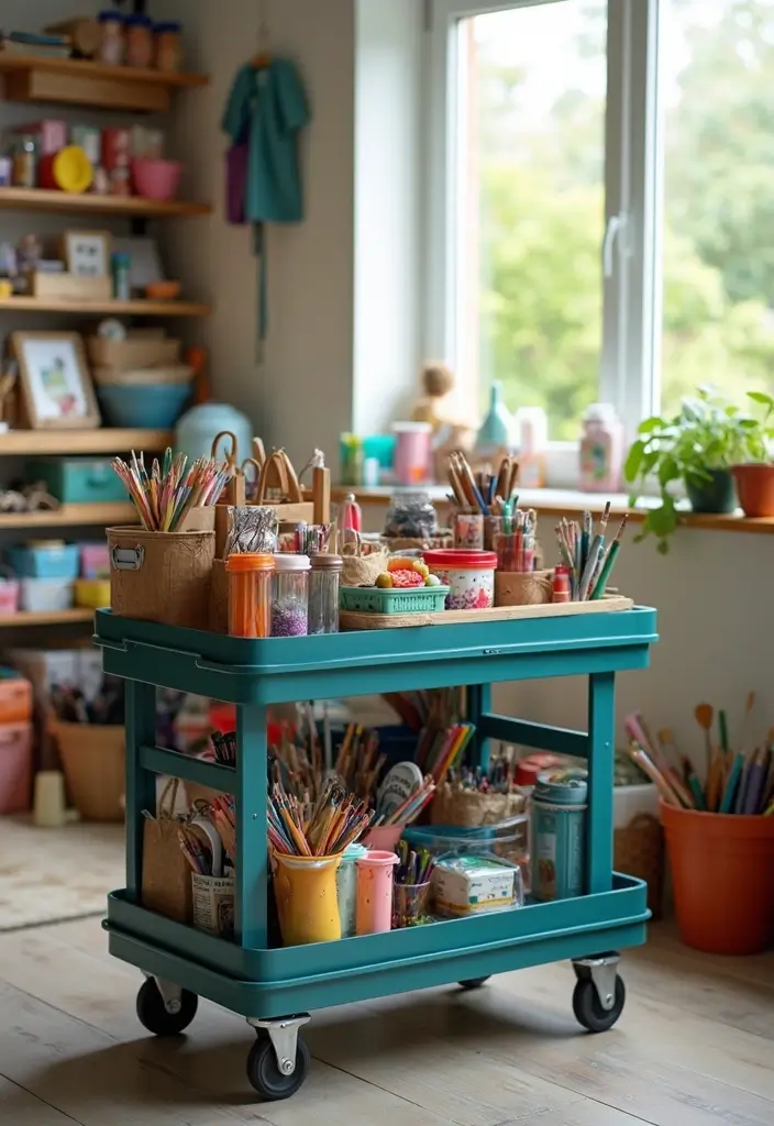 30 Utility Cart Ideas Bedroom That Keep Things Tidy & Mobile - 15. Craft Supply Sorting Station
