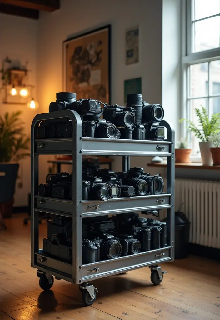30 Utility Cart Ideas Bedroom That Keep Things Tidy & Mobile - 18. Photography Equipment Organizer