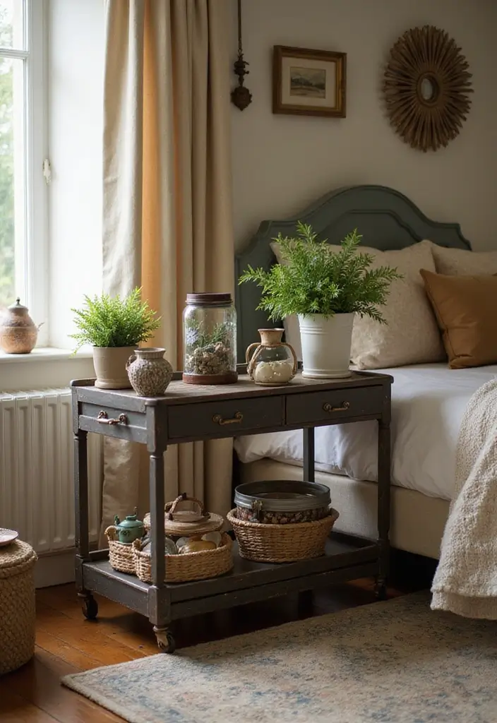 30 Utility Cart Ideas Bedroom That Keep Things Tidy & Mobile - 23. Vintage Charm Cart