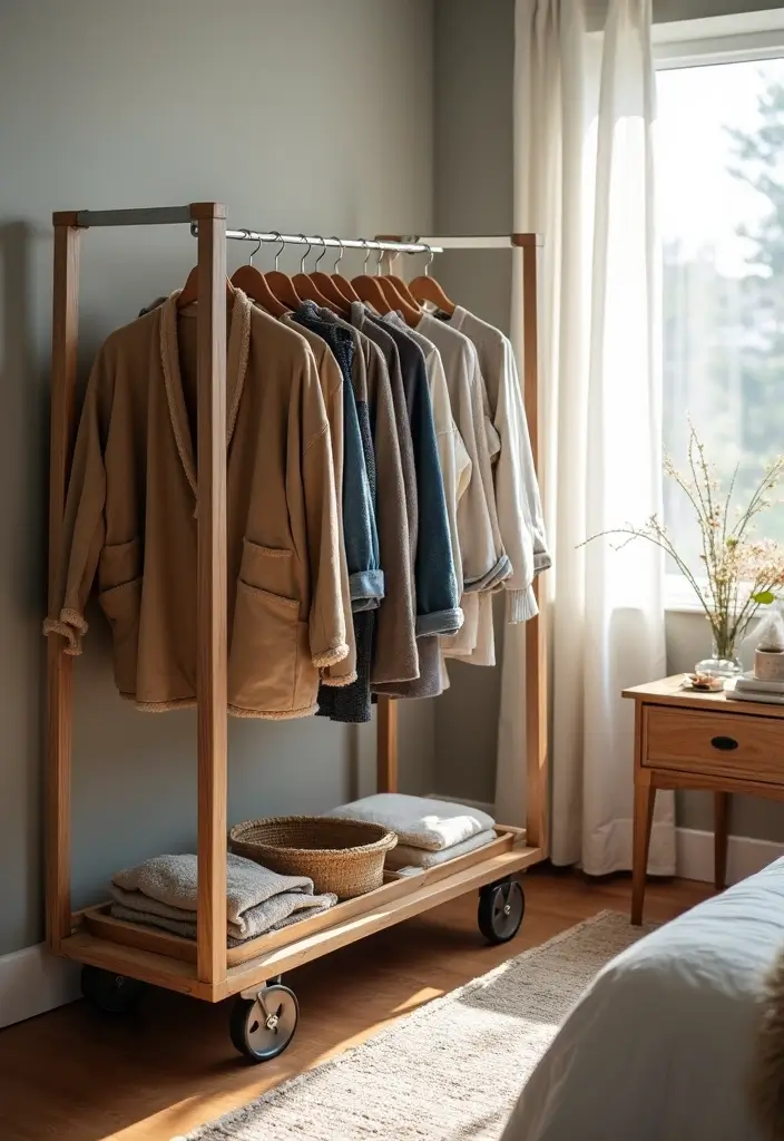 30 Utility Cart Ideas Bedroom That Keep Things Tidy & Mobile - 25. Seasonal Clothing Cart