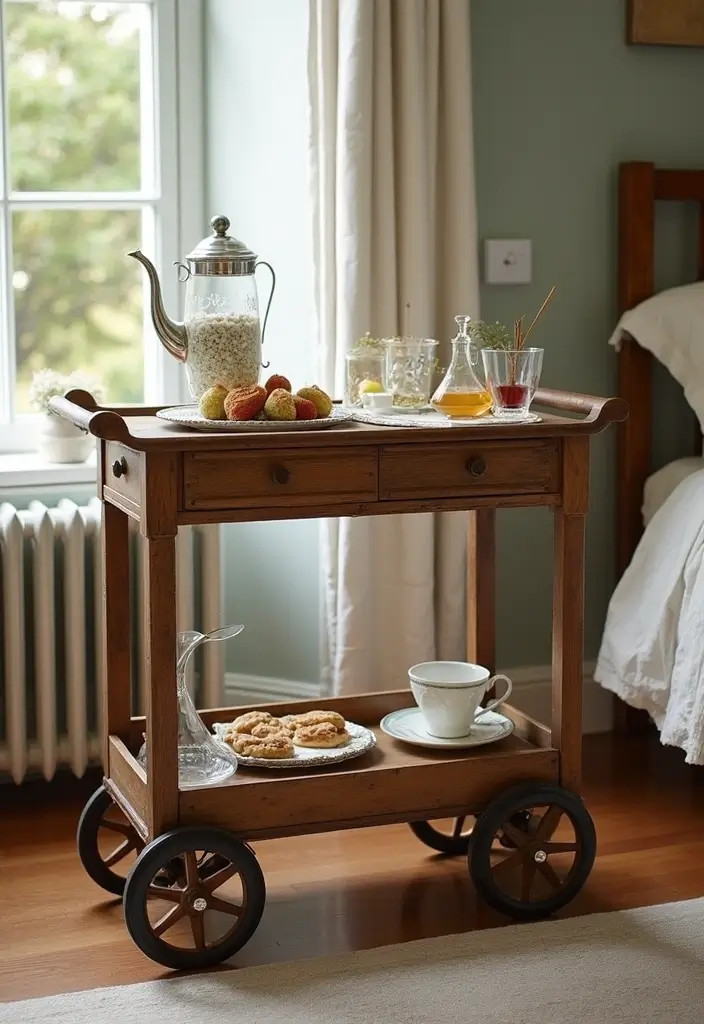 30 Utility Cart Ideas Bedroom That Keep Things Tidy & Mobile - 27. Vintage Tea Cart Revival