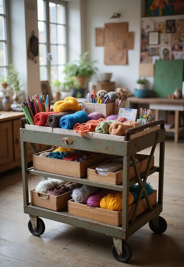 30 Utility Cart Ideas Bedroom That Keep Things Tidy & Mobile - 3. Craft Corner on Wheels
