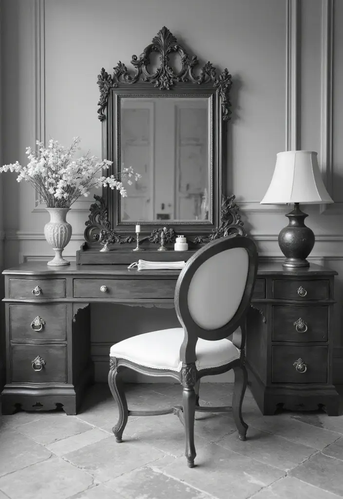 30 Vanity Ideas Bedroom Black That Add Bold Glamour - 10. Monochrome Magic