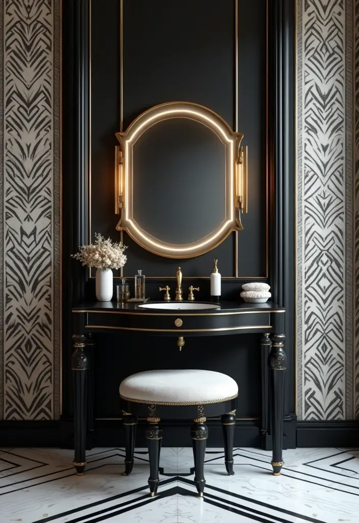 30 Vanity Ideas Bedroom Black That Add Bold Glamour - 14. Elegant Black and White Art Deco