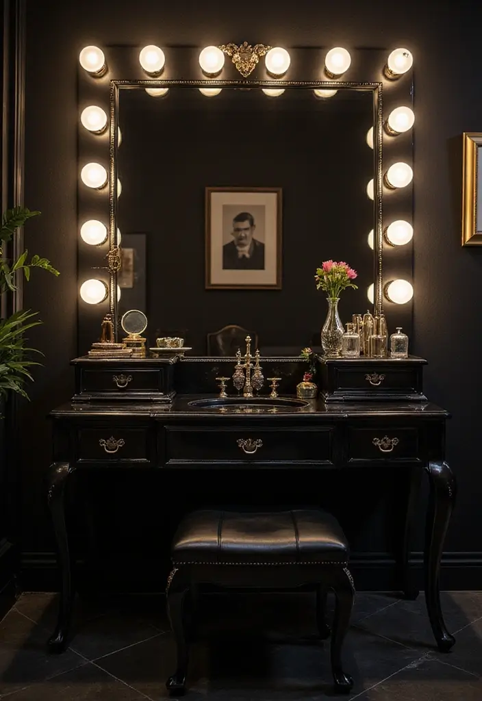 30 Vanity Ideas Bedroom Black That Add Bold Glamour - 2. Glamorous Hollywood Style