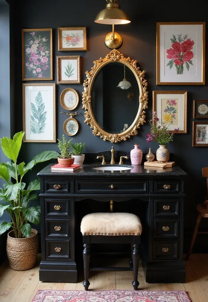 30 Vanity Ideas Bedroom Black That Add Bold Glamour - 20. Artistic Touch with Black Vanity