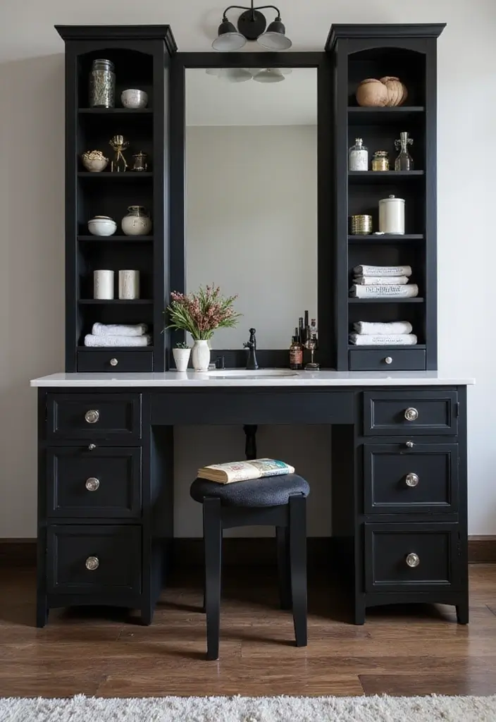 30 Vanity Ideas Bedroom Black That Add Bold Glamour - 21. Chic Storage Solutions