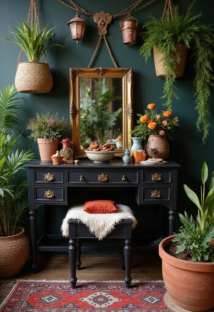 30 Vanity Ideas Bedroom Black That Add Bold Glamour - 9. Romantic Bohemian Touch