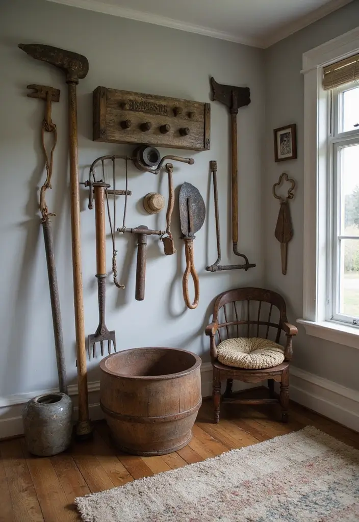 25 Tractor Bedroom Ideas for Little Boys Who Love Wheels - 18. Vintage Farm Tools as Decor 1