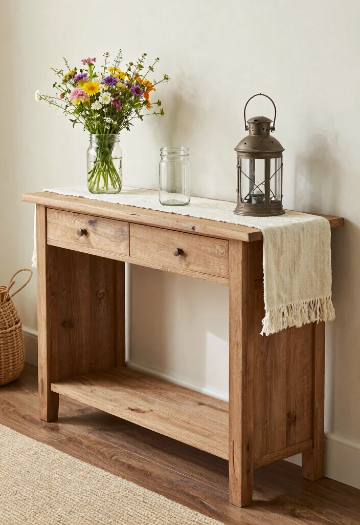 15 Console Living Room Ideas: Functional and Elegant - 13. Farmhouse Chic Console 1