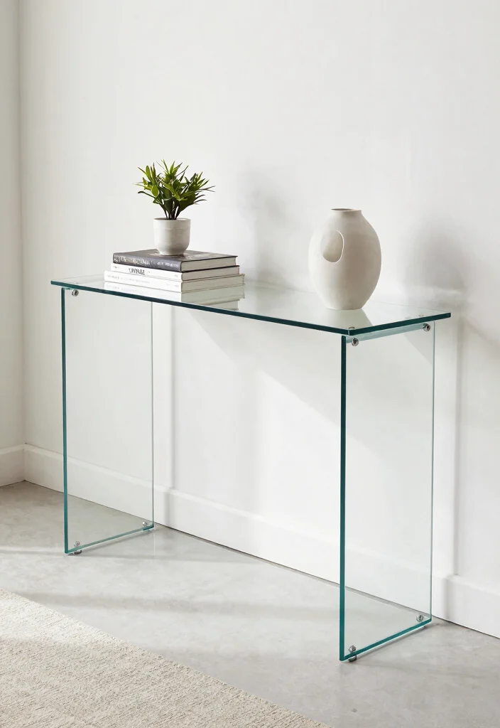 15 Console Living Room Ideas: Functional and Elegant - 9. Light and Airy Glass Console 1