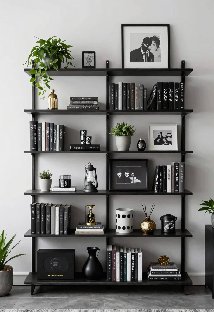 15 Emo Living Room Ideas Dark Expressive and Personal - 8. Decorative Shelving for Organization and Style 1
