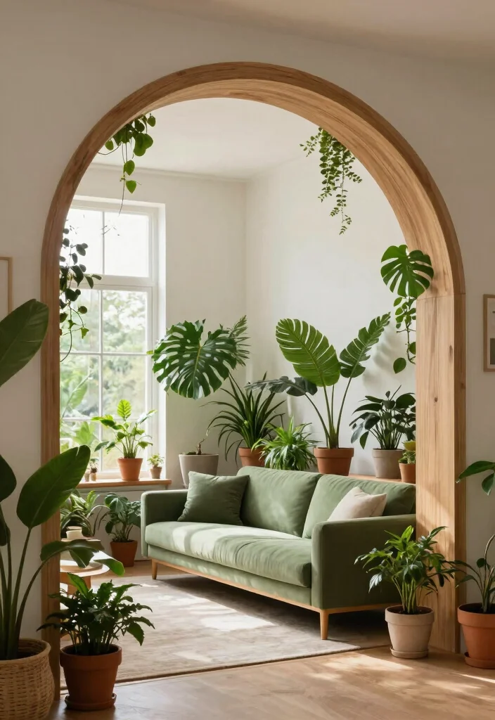 15 Living Room Arch Design Ideas: Elegant Architectural Touch - 7. Biophilic Arch Designs 1