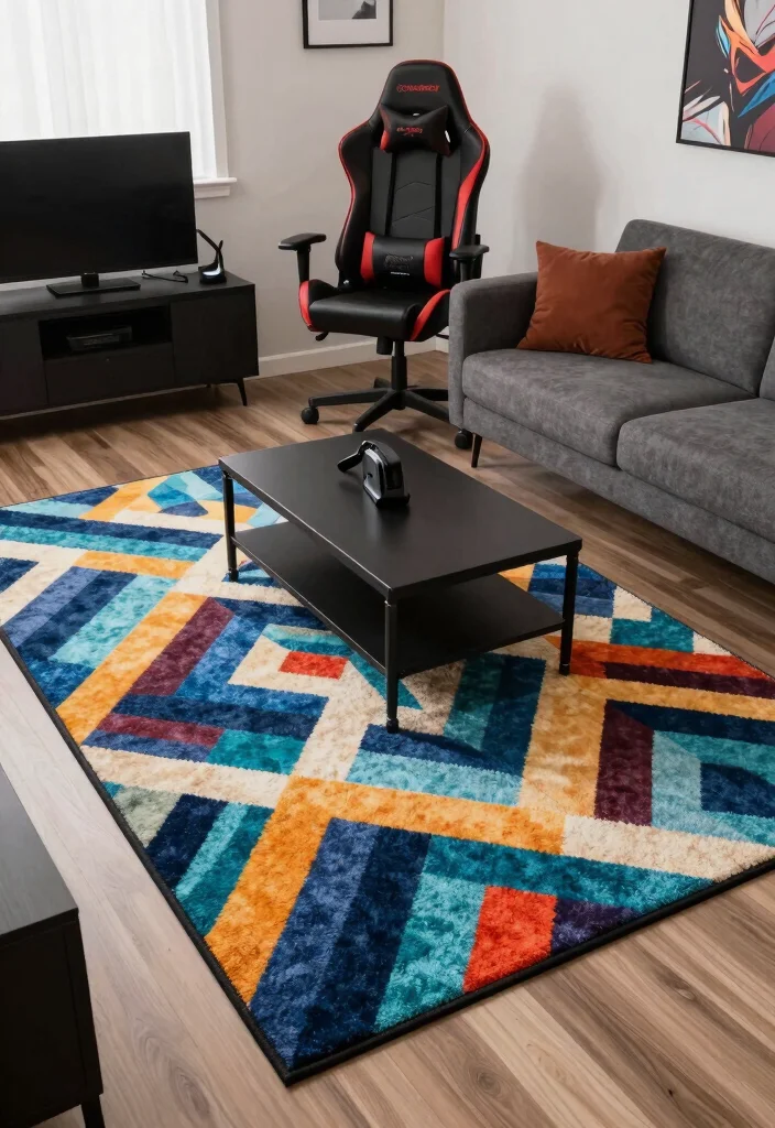 15 Living Room Gaming Ideas: Cool Functional Setups - 12. Gaming-Friendly Rugs 1