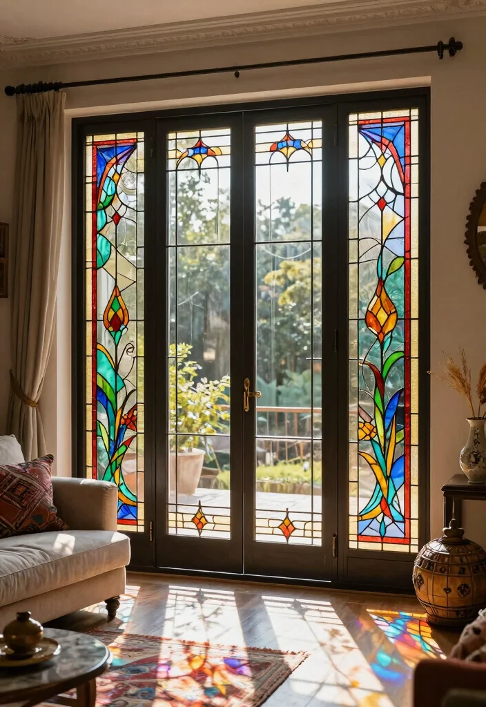 15 Living Room Patio Doors Ideas for Bright Indoor-Outdoor Flow - 11. Artistic Glass Designs 1