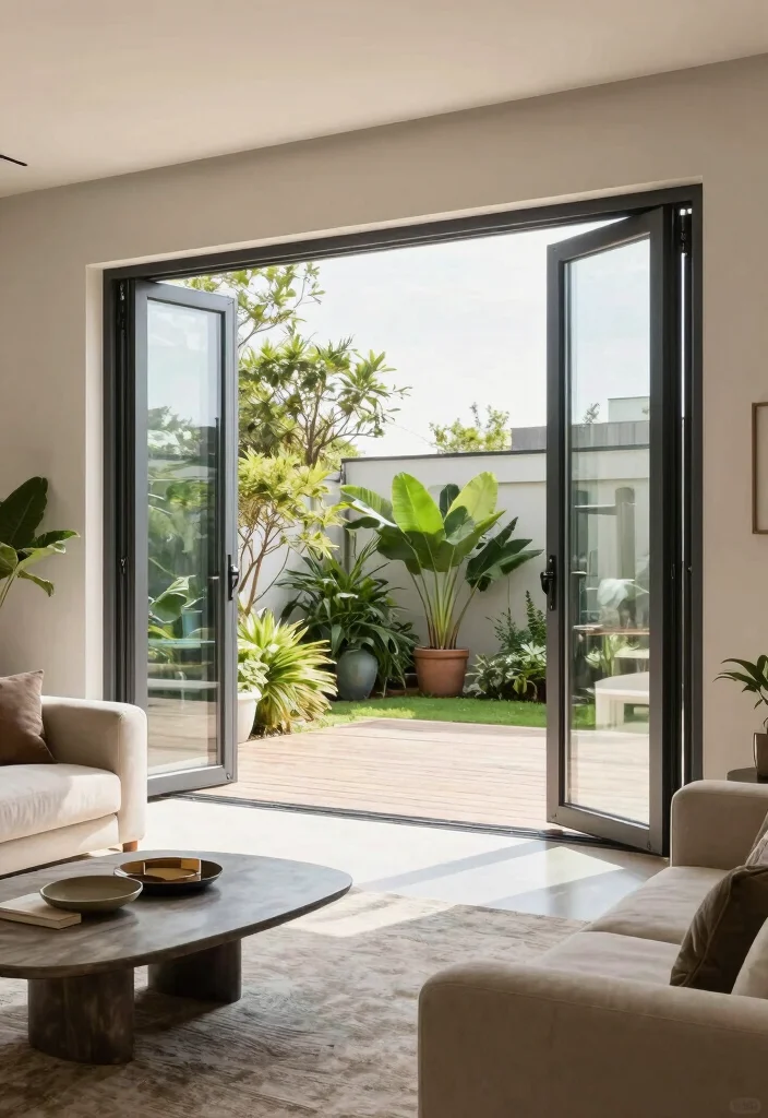 15 Living Room Patio Doors Ideas for Bright Indoor-Outdoor Flow - 4. Pivot Doors for a Modern Twist 1