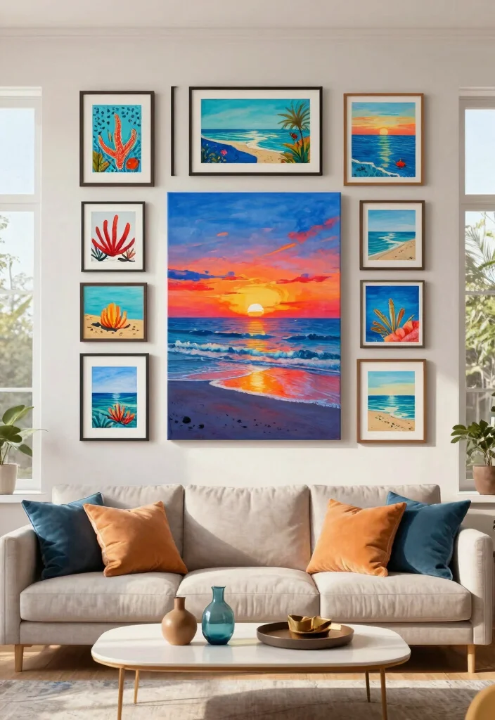15 Nautical Living Room Ideas Fresh Coastal Charm - 11. Colorful Artwork with Coastal Themes 1