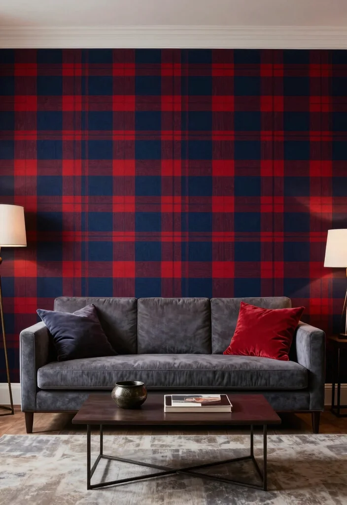 15 Tartan Living Room Ideas: Warm Classic Patterns - 12. Tartan Wall Paneling 1